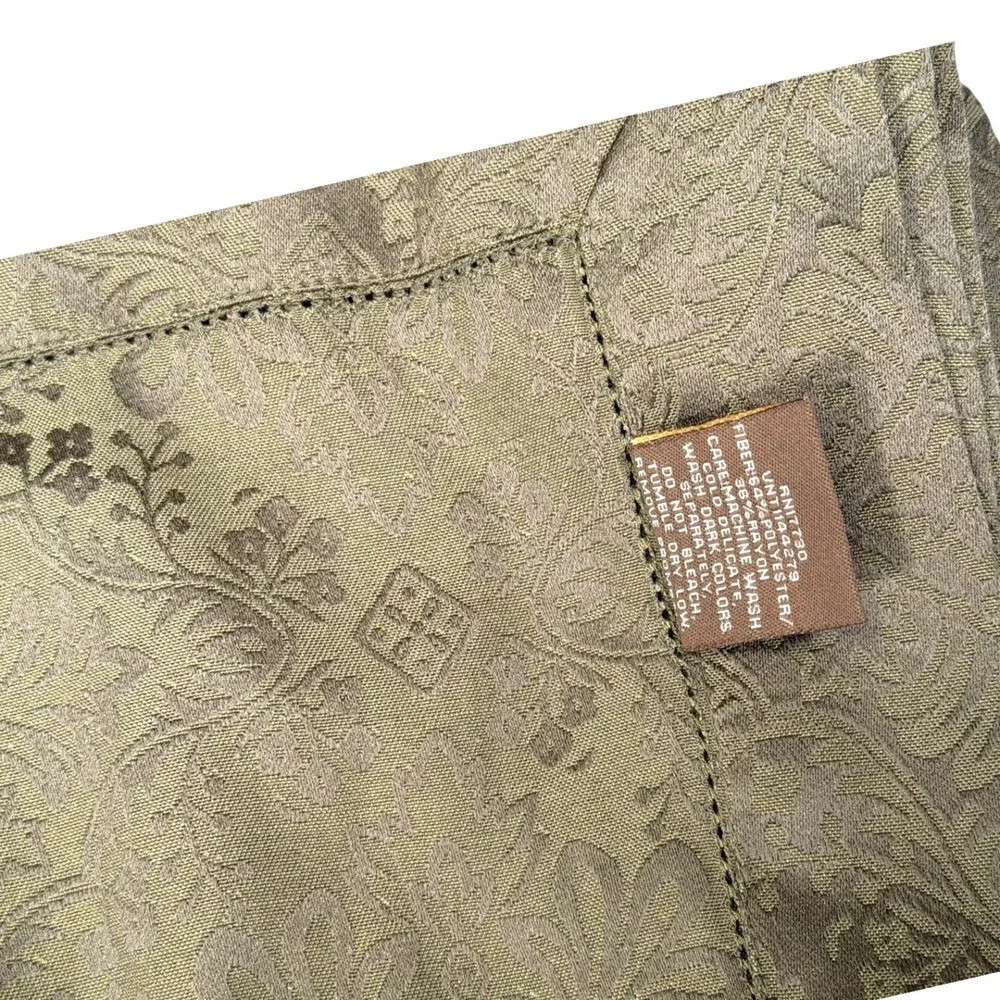 Fieldcrest Luxury 64x240 Olive Green Damask Tablecloth 8 Napkins Set Hemstitch